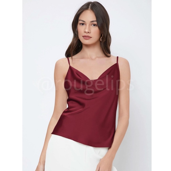 Burgundy Glamorous Cowl Neck Spaghetti Straps Camisole Top Cami, Draped - Picture 3 of 10